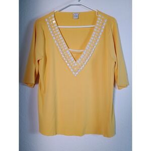 Evelyn Bright Yellow Beaded V-Neck 3/4 Sleeve Sweater Top Women's XL